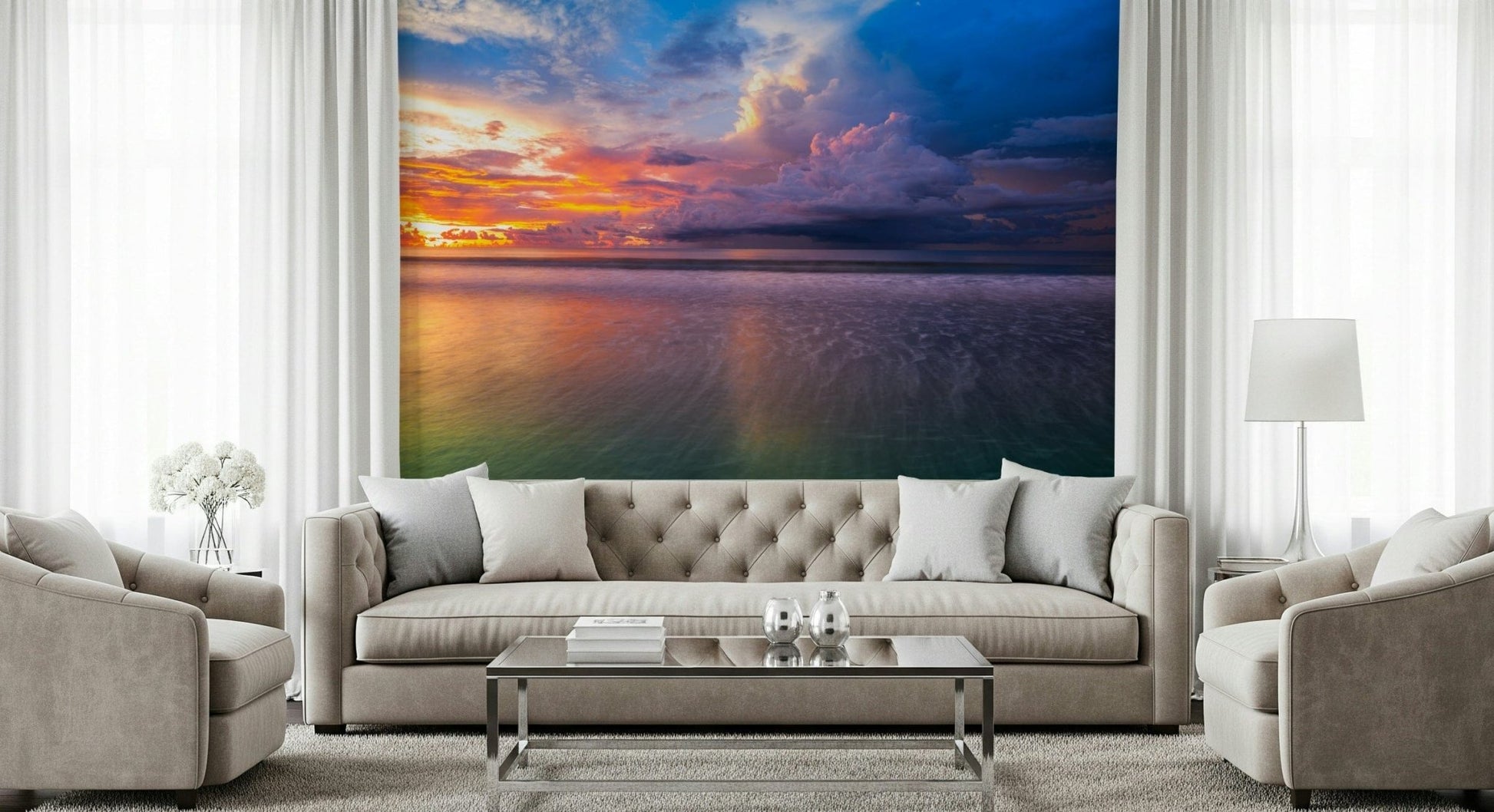 Moody storm clouds wallpaper with orange horizon