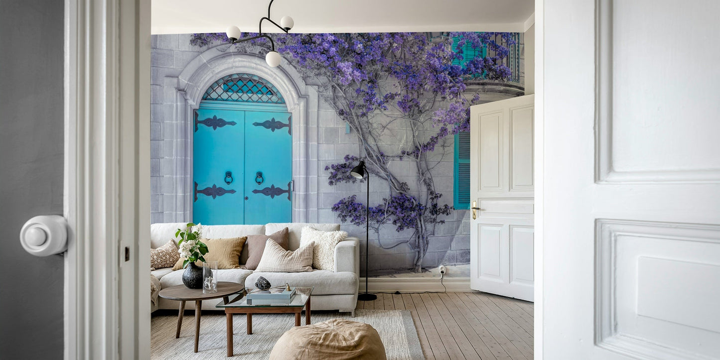 Wall mural of a Maltese stone house.

