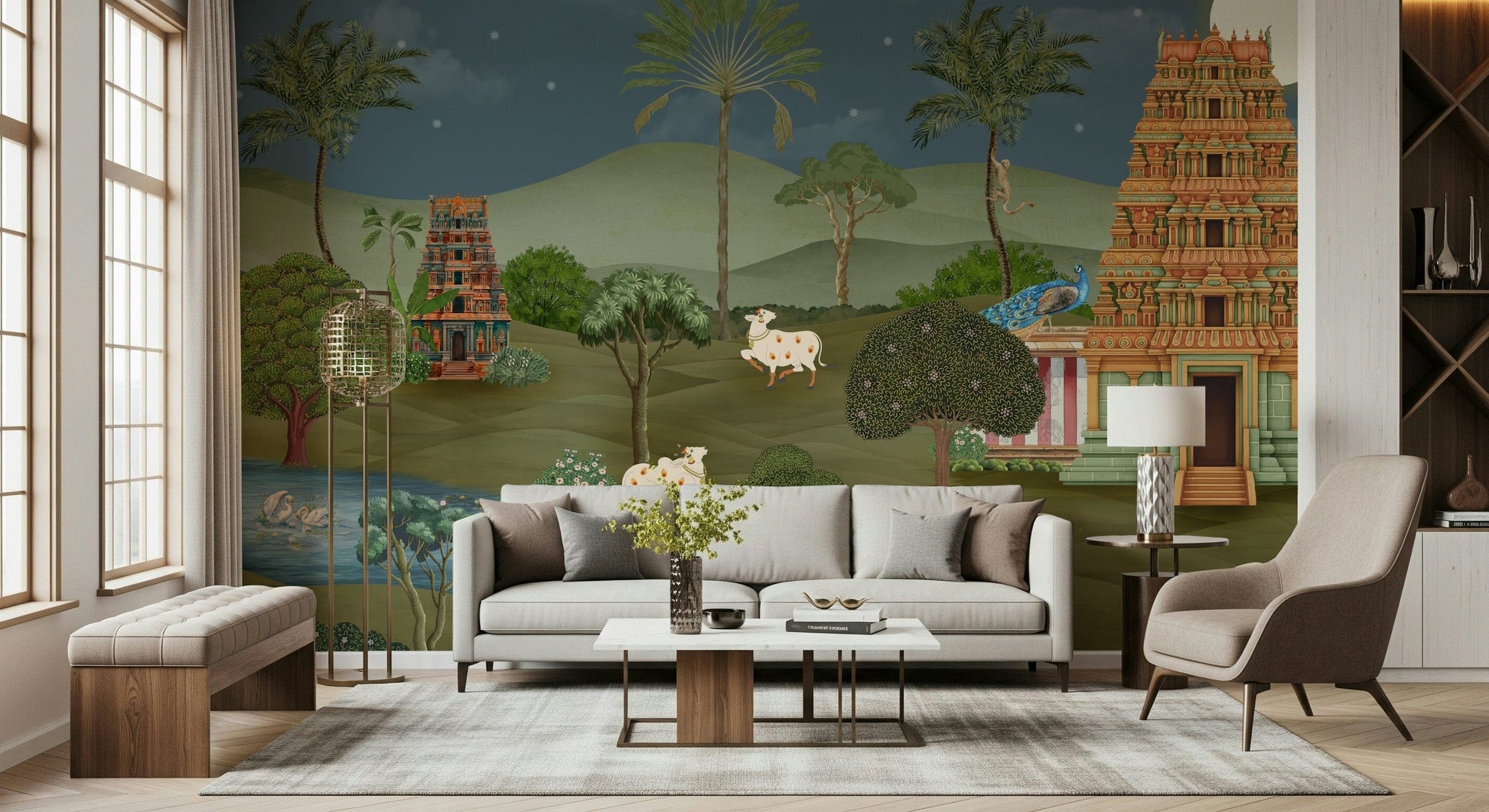 Mandir Majesty wall mural in dining area with heritage-style scene