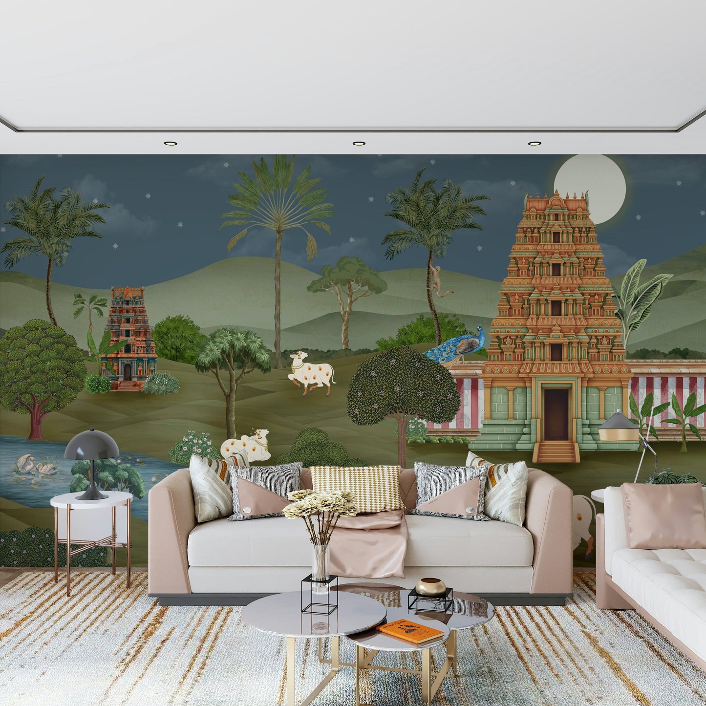 Mandir Majesty wall mural installed behind sofa in living room