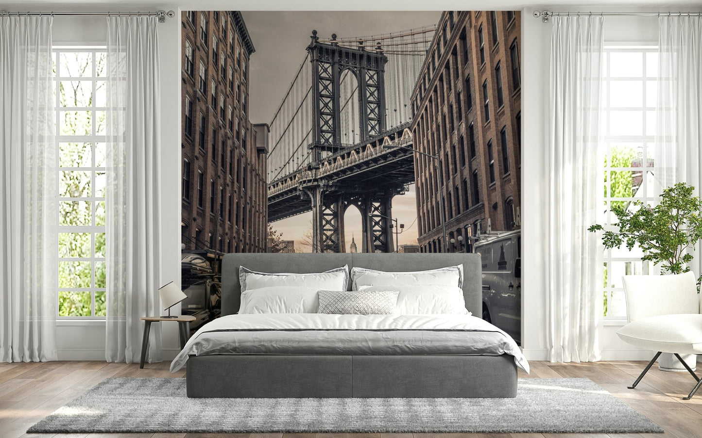 Manhattan bridge towering structure wall mural, picturesque Brooklyn location.