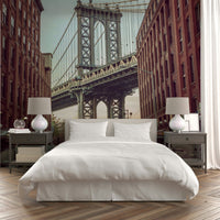 View of the Manhattan Bridge from a cobblestone street in DUMBO, Brooklyn.

