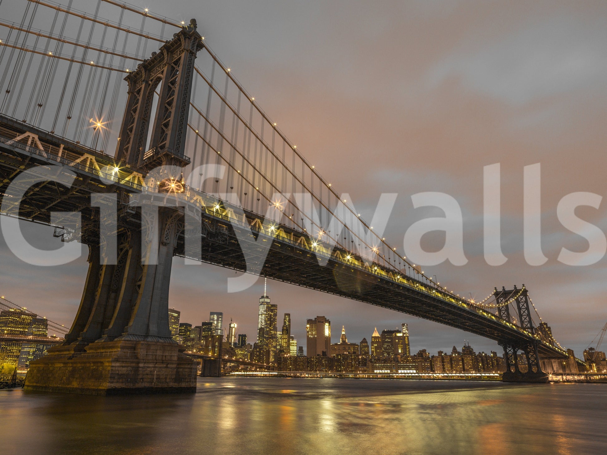 Riverfront wall mural Manhattan Dusk structure perspective architecture beauty.
