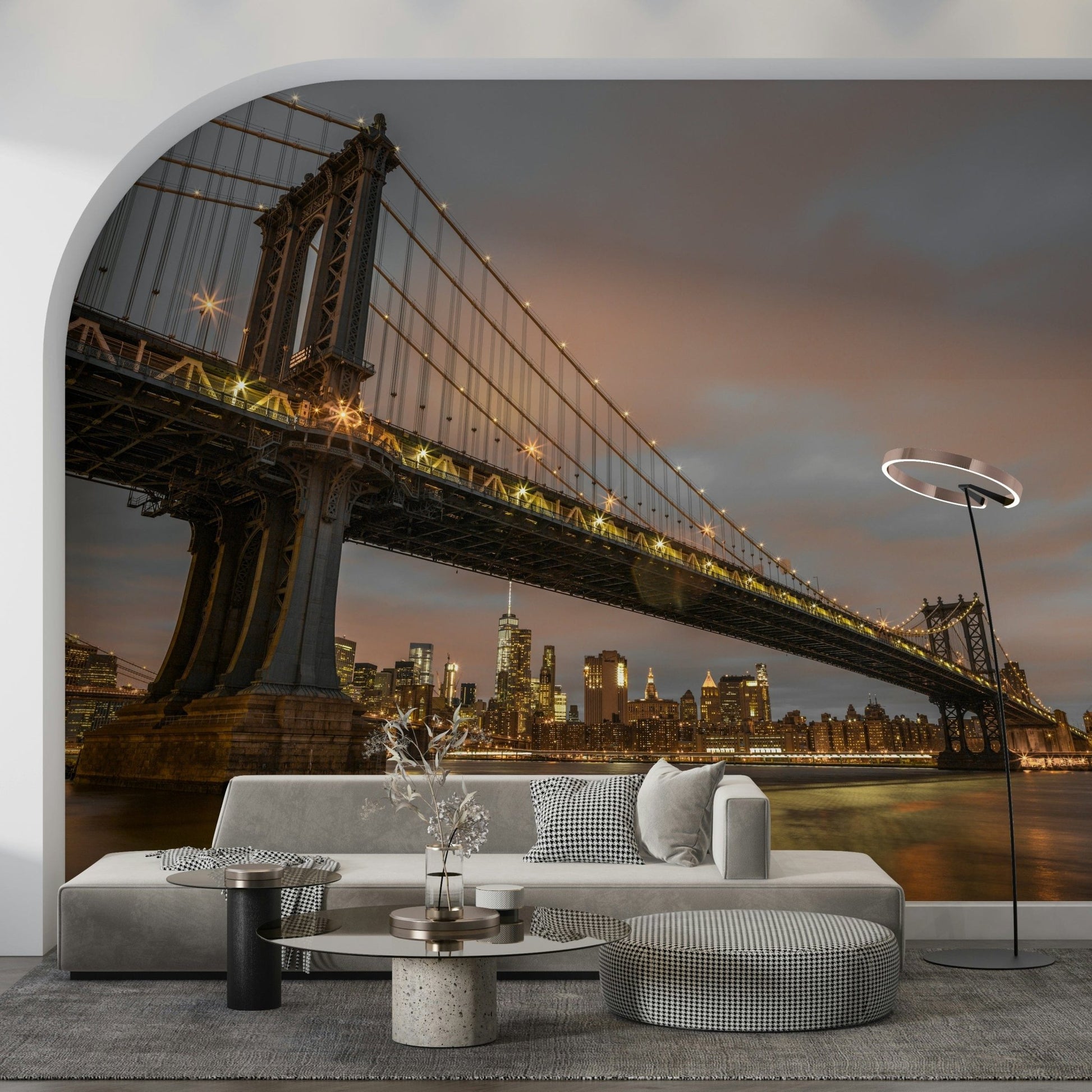 Brooklyn Bridge area wall mural Manhattan Dusk steel structure glow aesthetic.