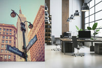 Iconic NYC street sign wallpaper art, vintage sepia majesty photo.