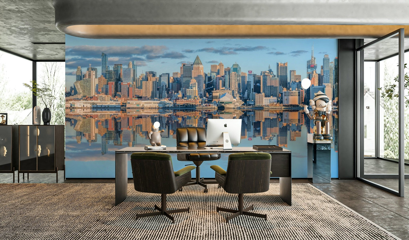 Manhattan Mirror Wall Mural featuring a panoramic NYC skyline reflection

