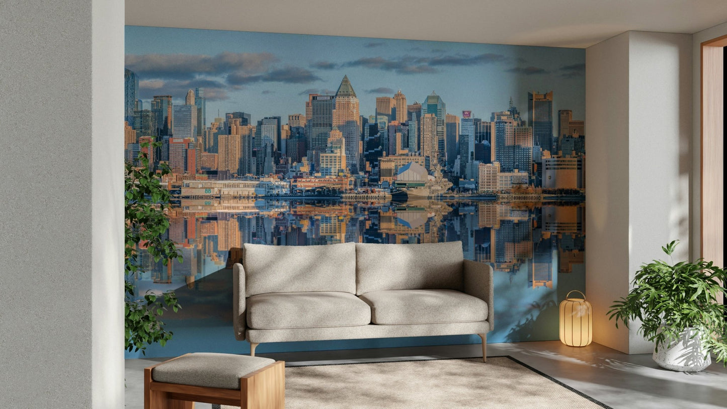 Reflected Manhattan skyline mural with river view

