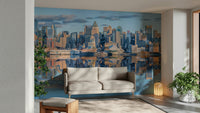 Reflected Manhattan skyline mural with river view

