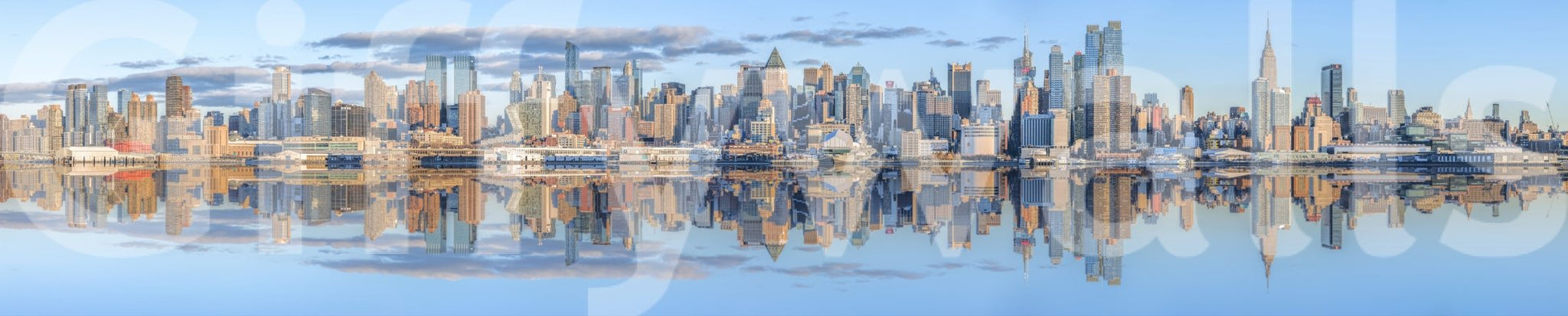 Iconic Manhattan skyline mural with mirrored effect

