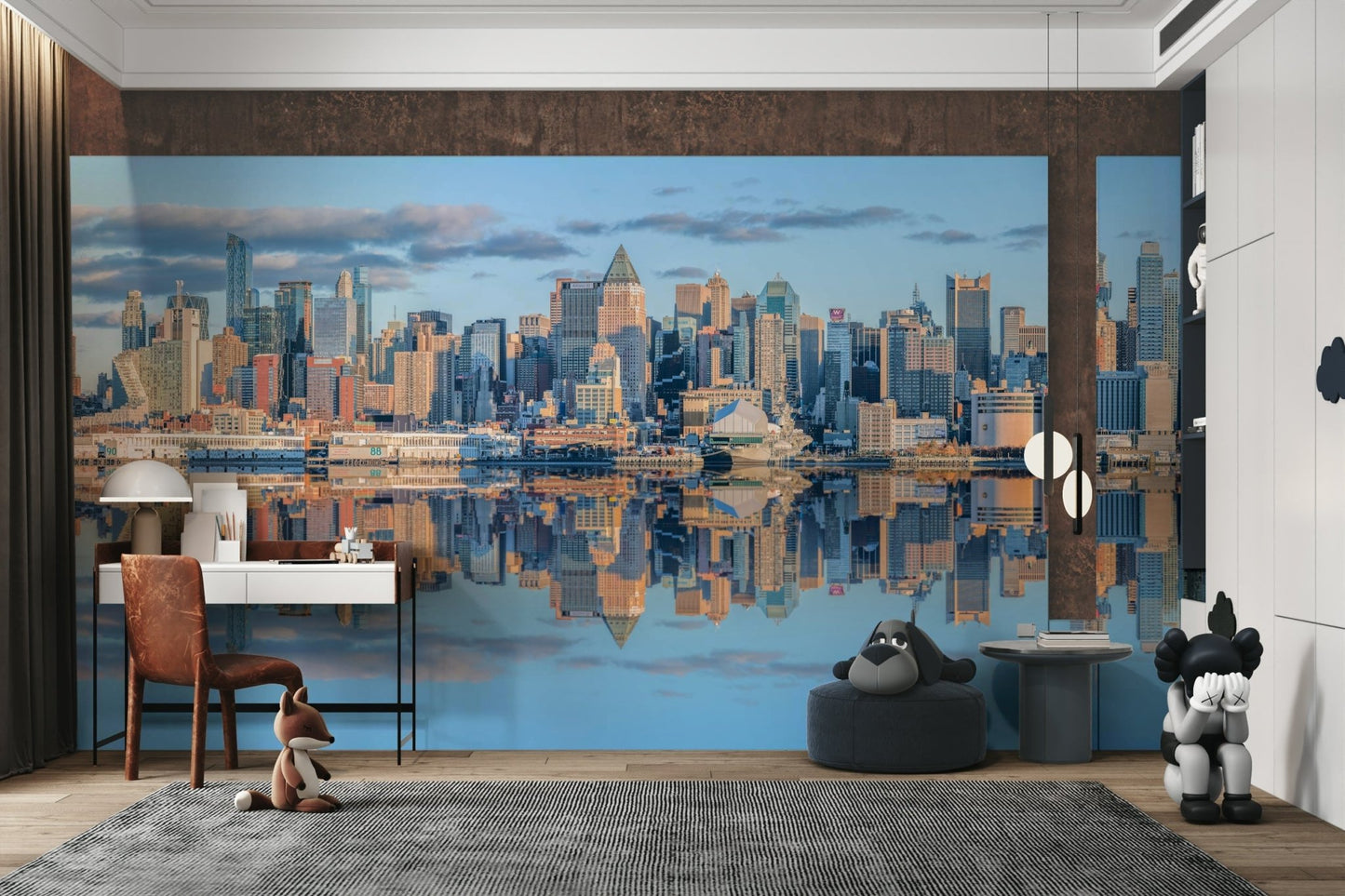 Urban Manhattan wall mural with mirrored city view

