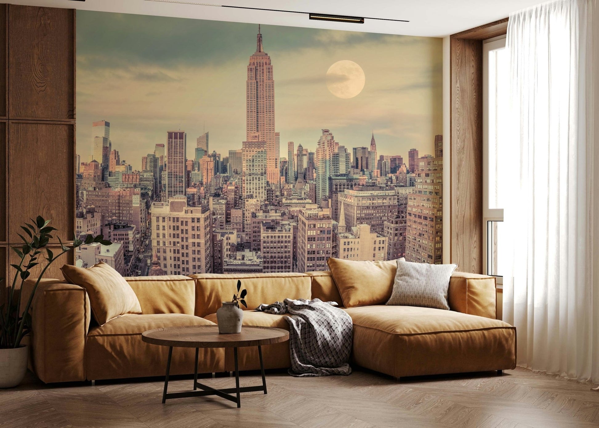 Wallpaper Manhattan Skyline with beautiful full moon hanging over buildings.
