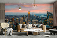 Manhattan skyline at sunset with city lights

