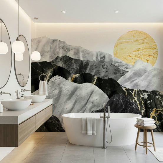Marble Peaks wallpaper mural of black and white marble mountains and a gold sun behind a white tub in a modern bathroom