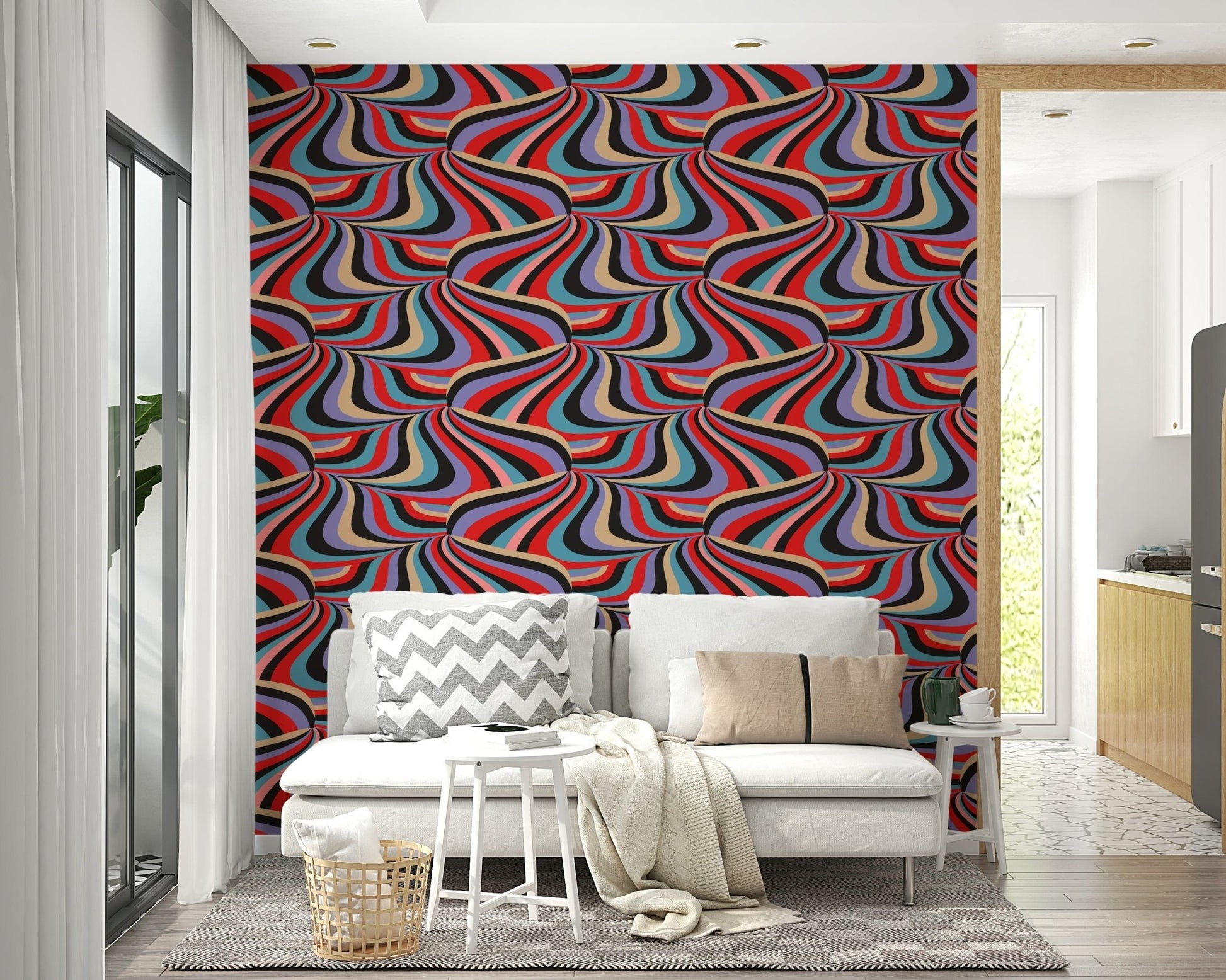 Retro Marble Stripe Pattern Wall Mural – Colorful marbled stripes in black, purple, red, blue, cream, and pink with a 70s-inspired vibe.