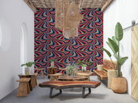 Marble Stripe Psychedelic Wall Mural – Abstract design with colorful marbled stripes in black, red, purple, blue, cream, and pink, perfect for retro interiors.