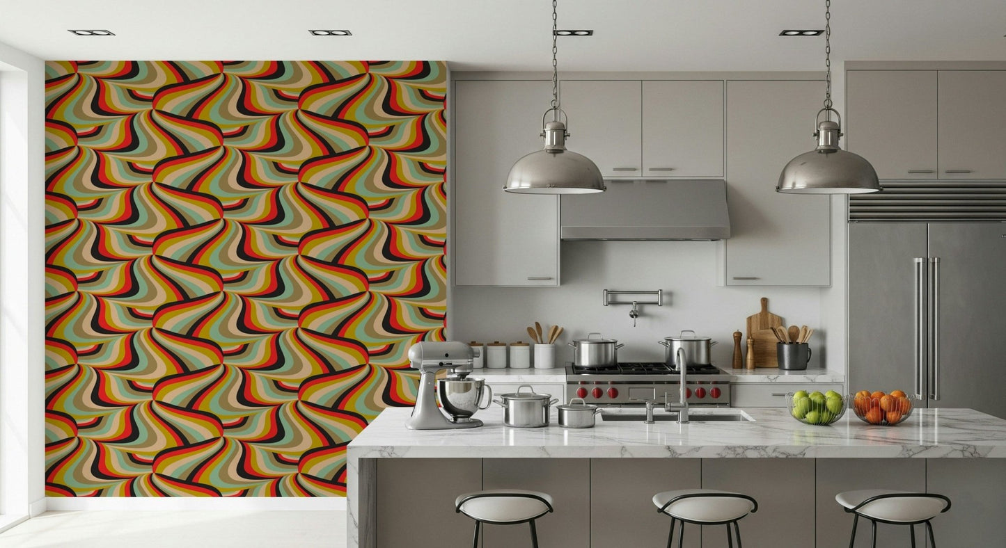 Swirling Groovy Abstract Wallpaper – Dynamic design with flowing marble stripes in black, red, mustard, mint, brown, and cream.