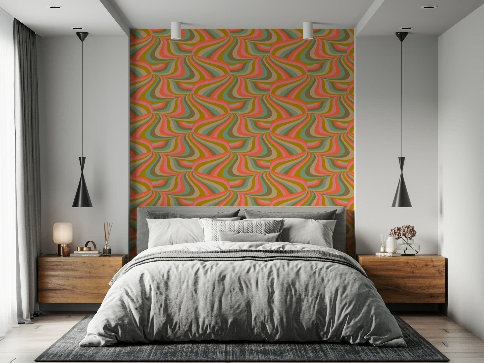 Colorful Marble Swirl Abstract Wallpaper – Energetic design with flowing stripes of pink, mint, mustard, coral, cream, and brown.