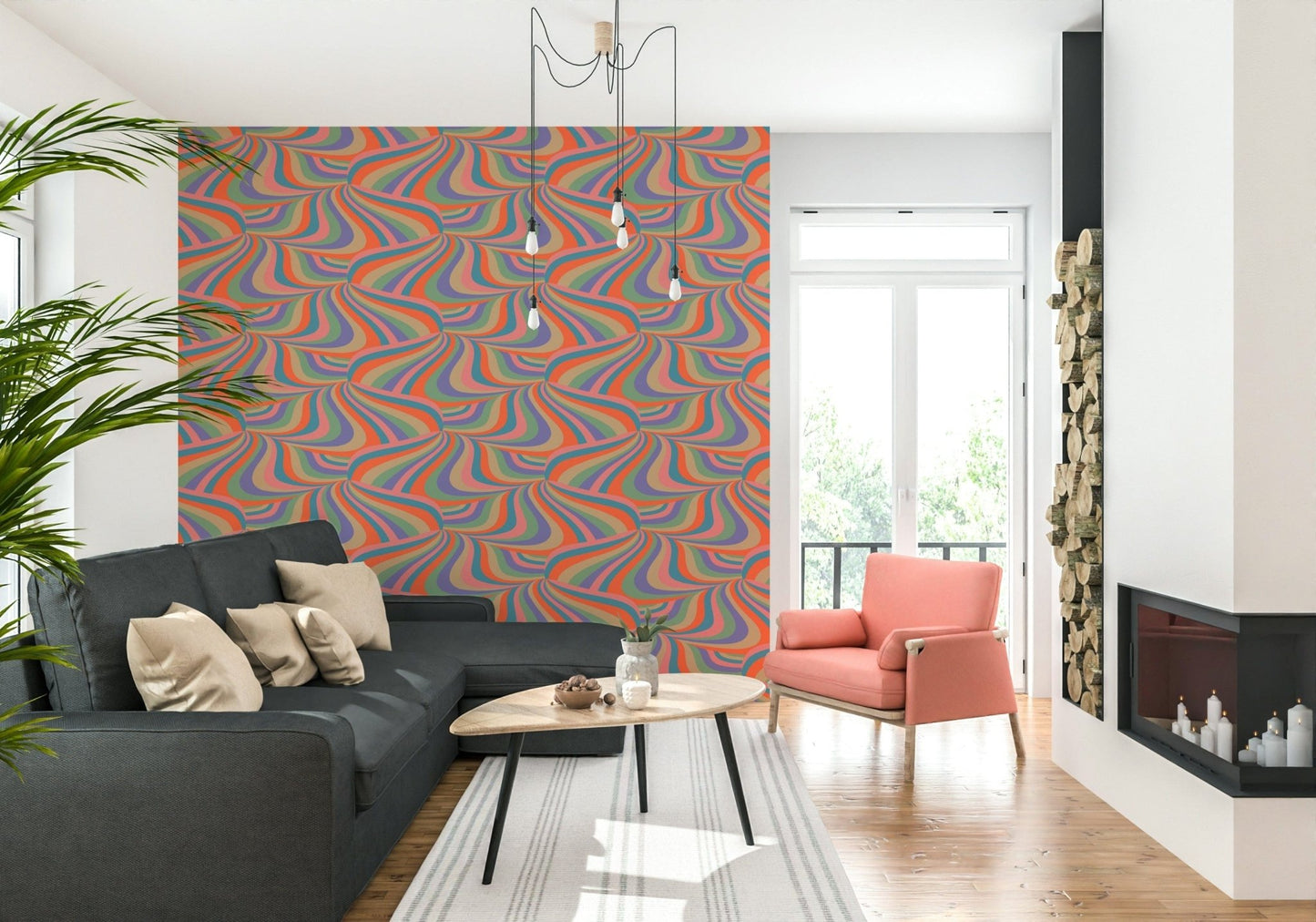 Colorful Marble Swirl Abstract Wallpaper – Energetic design with flowing stripes of pink, purple, blue, coral, mint, and cream.