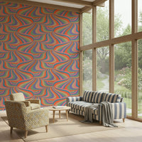Marble Swirl Groovy Retro Abstract Wallpaper – Vibrant wall mural with swirling stripes in pink, purple, blue, coral, mint, and cream tones.