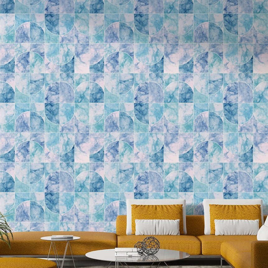 Focus on repeating geometric forms and marbled appearance.

