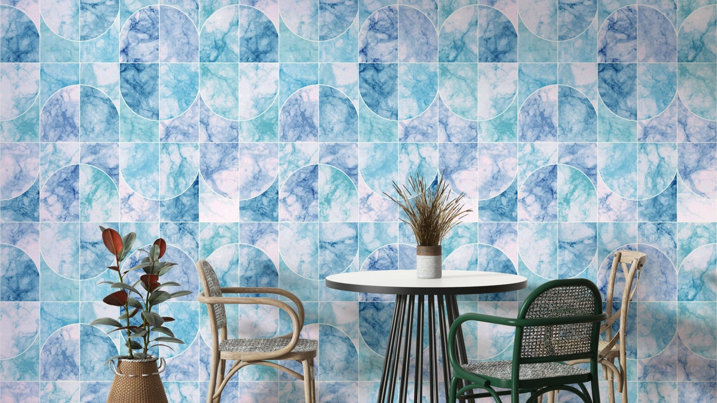 Bluish marbled geometric tile pattern.

