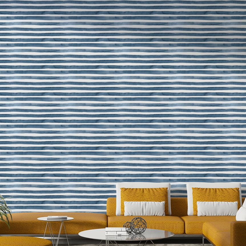 Gentle marine stripes wallpaper in watercolor finish

