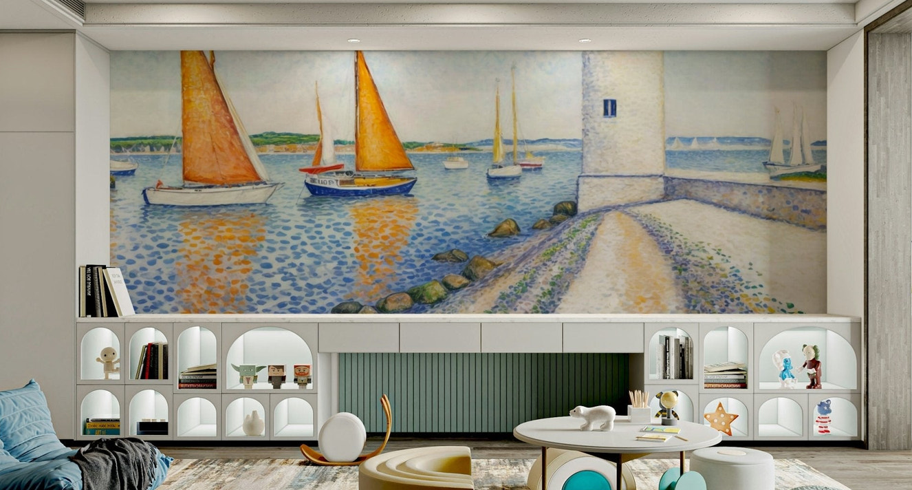 The mural shows a peaceful seascape with a lighthouse.

