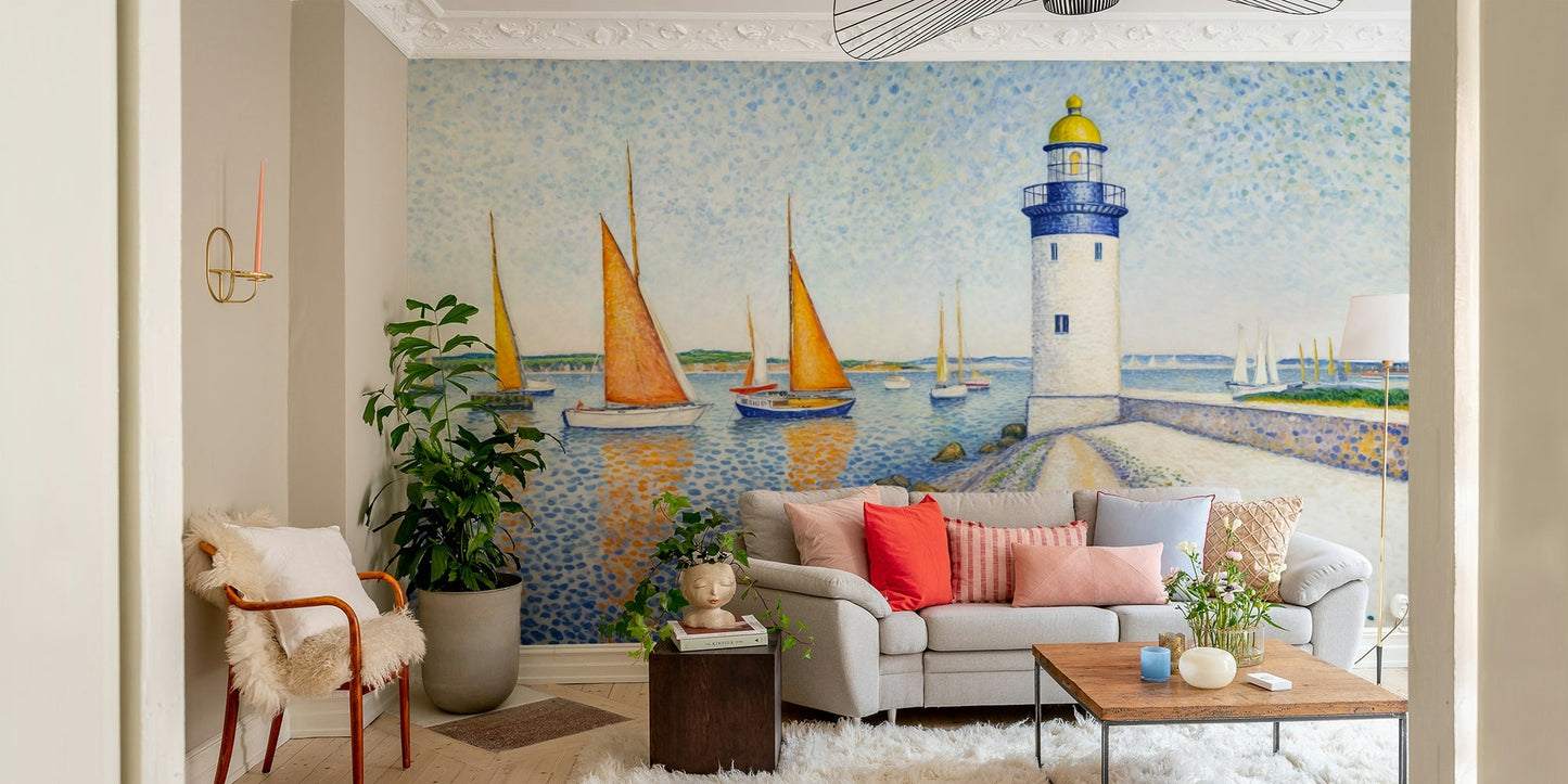 The wall art combines a classic art style with a serene theme.

