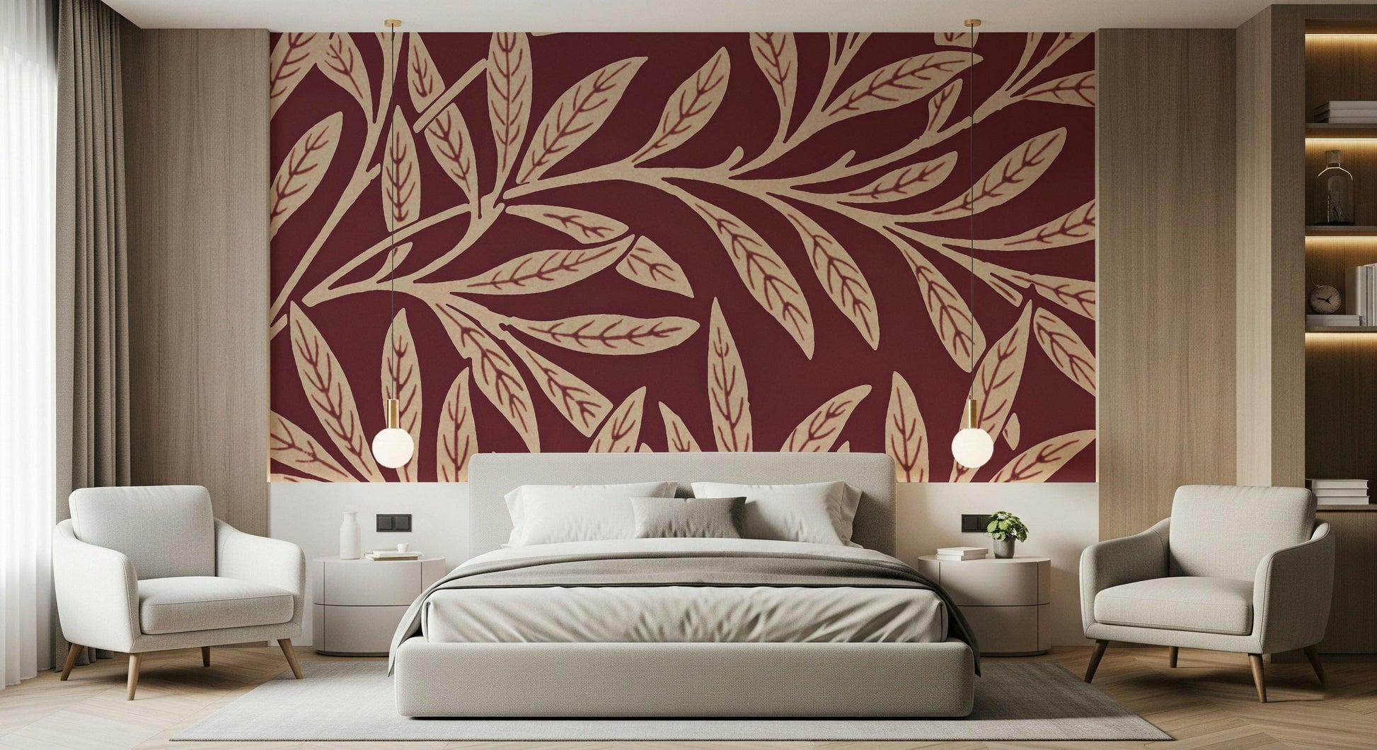 A calming foliage design wallpaper mural that defines a space.

