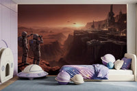 Large scale wallpaper of Mars colony vista on a wide basement feature wall.