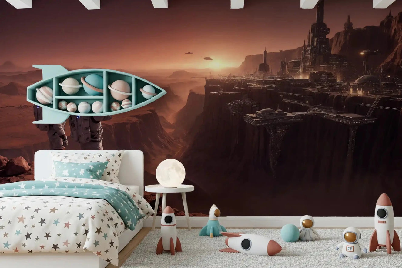 Mars Colony Vista Wall Mural for modern Kids room with red planet theme.