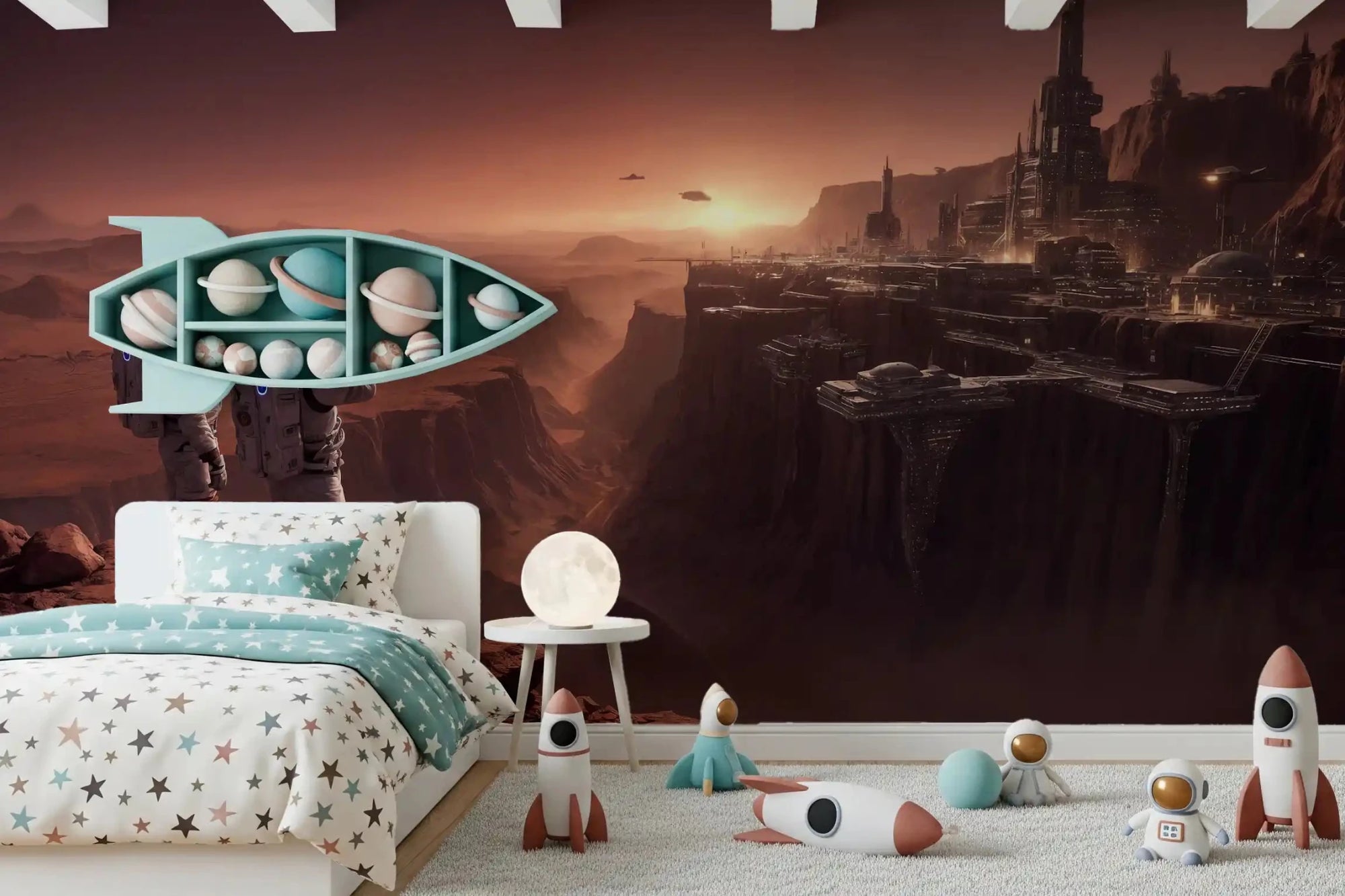 Mars Colony Vista Wall Mural for modern Kids room with red planet theme.