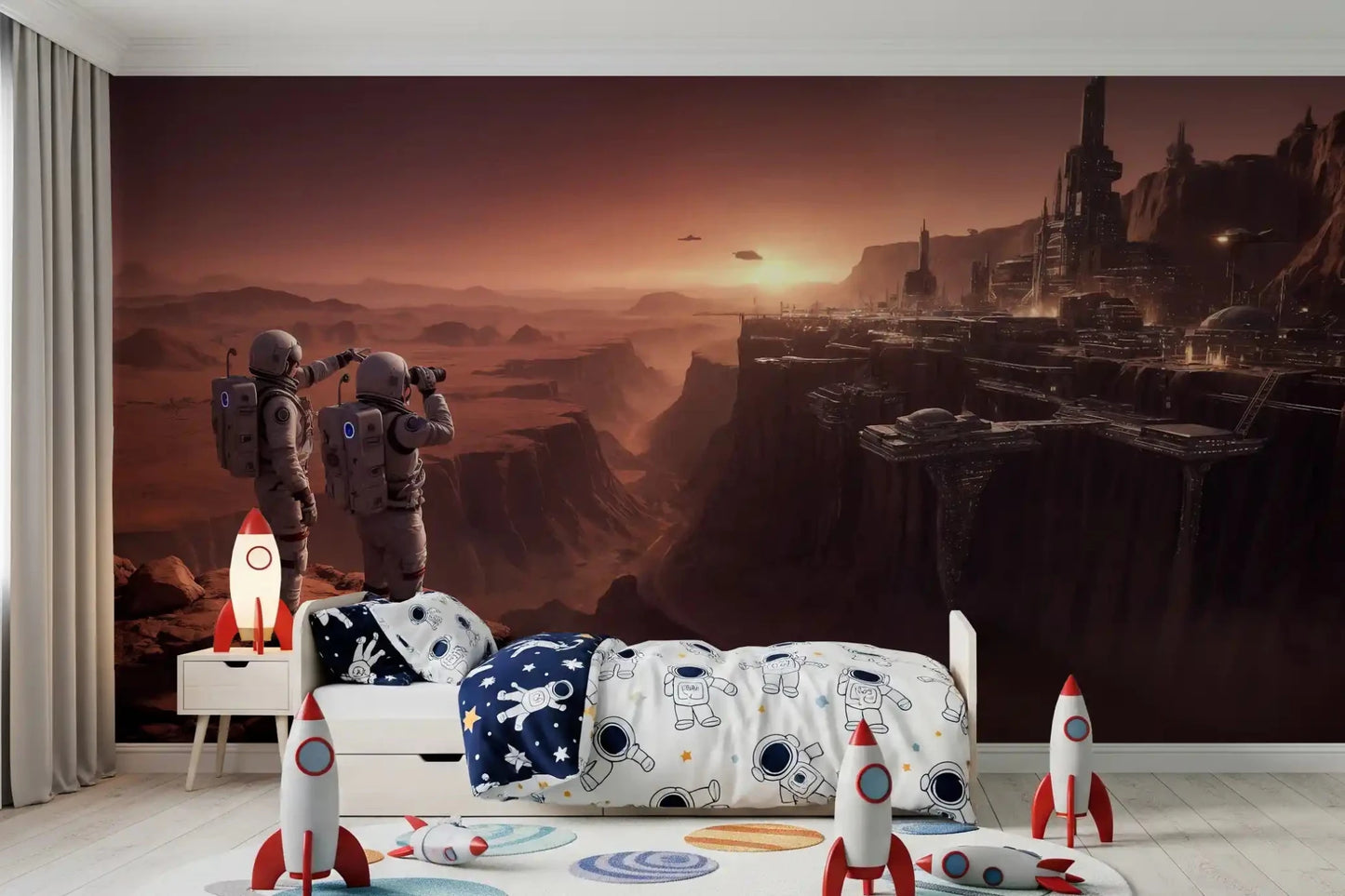 Modern apartment wallpaper showing a futuristic planetary base in desert colors.