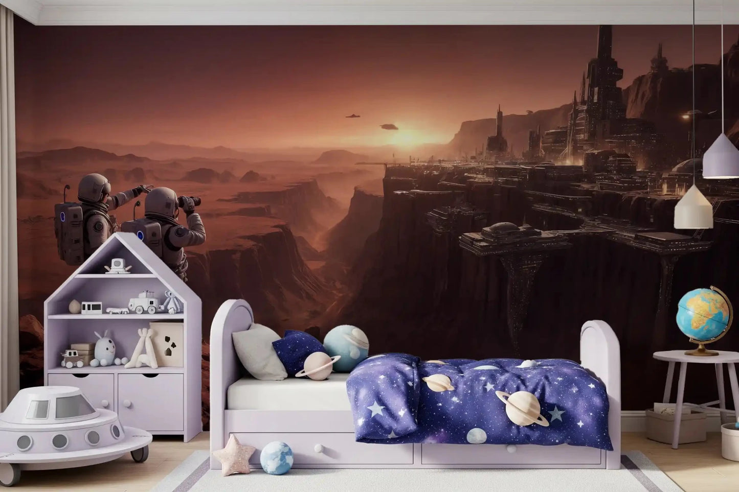 kids room accent wall wallpaper displaying a wide view of a Mars space colony. 