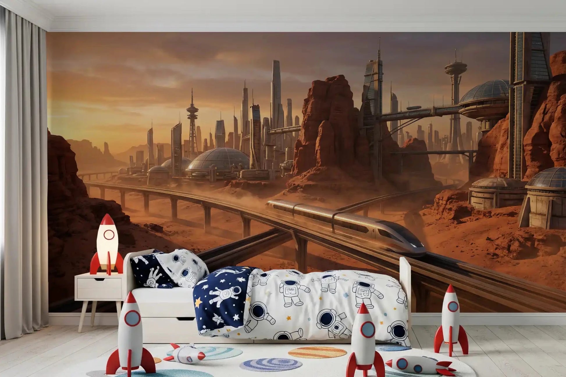 Large Martian Metropolis Wall Mural art for a nursery room wall decor.

