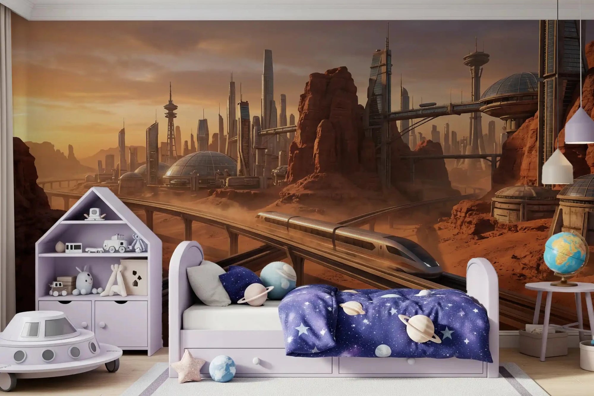 Martian Metropolis Wall Mural in a modern Kids room with red color tones.
