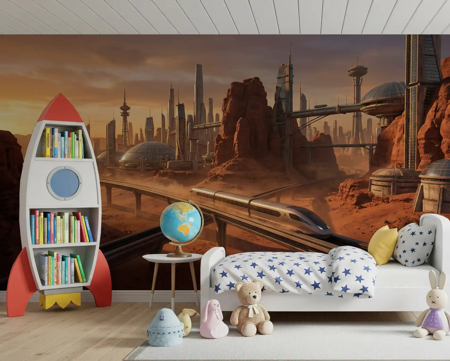 Red planet landscape wallpaper design featuring a Martian Metropolis Wall Mural.