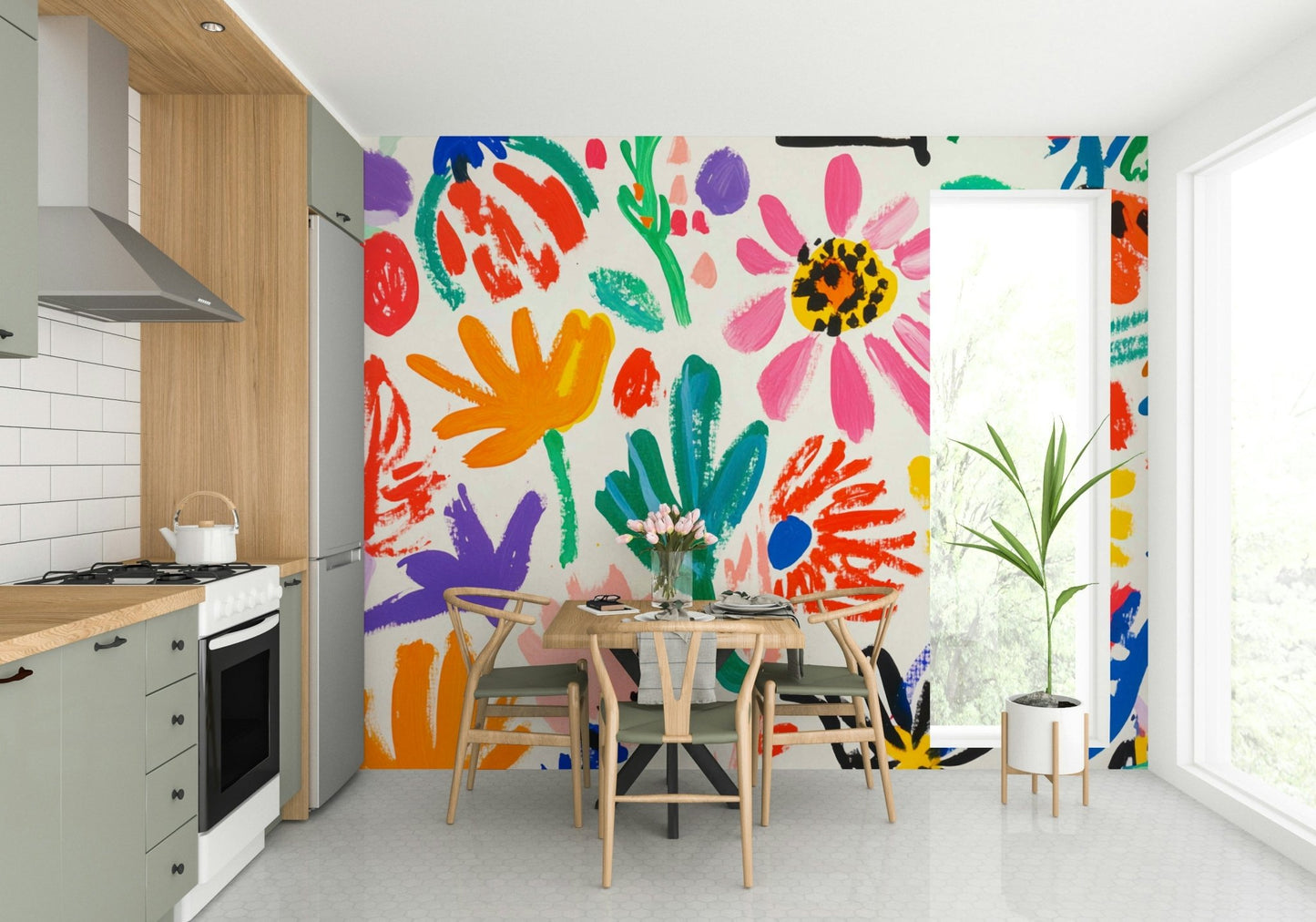 Contemporary flower collage mural in primary tones


