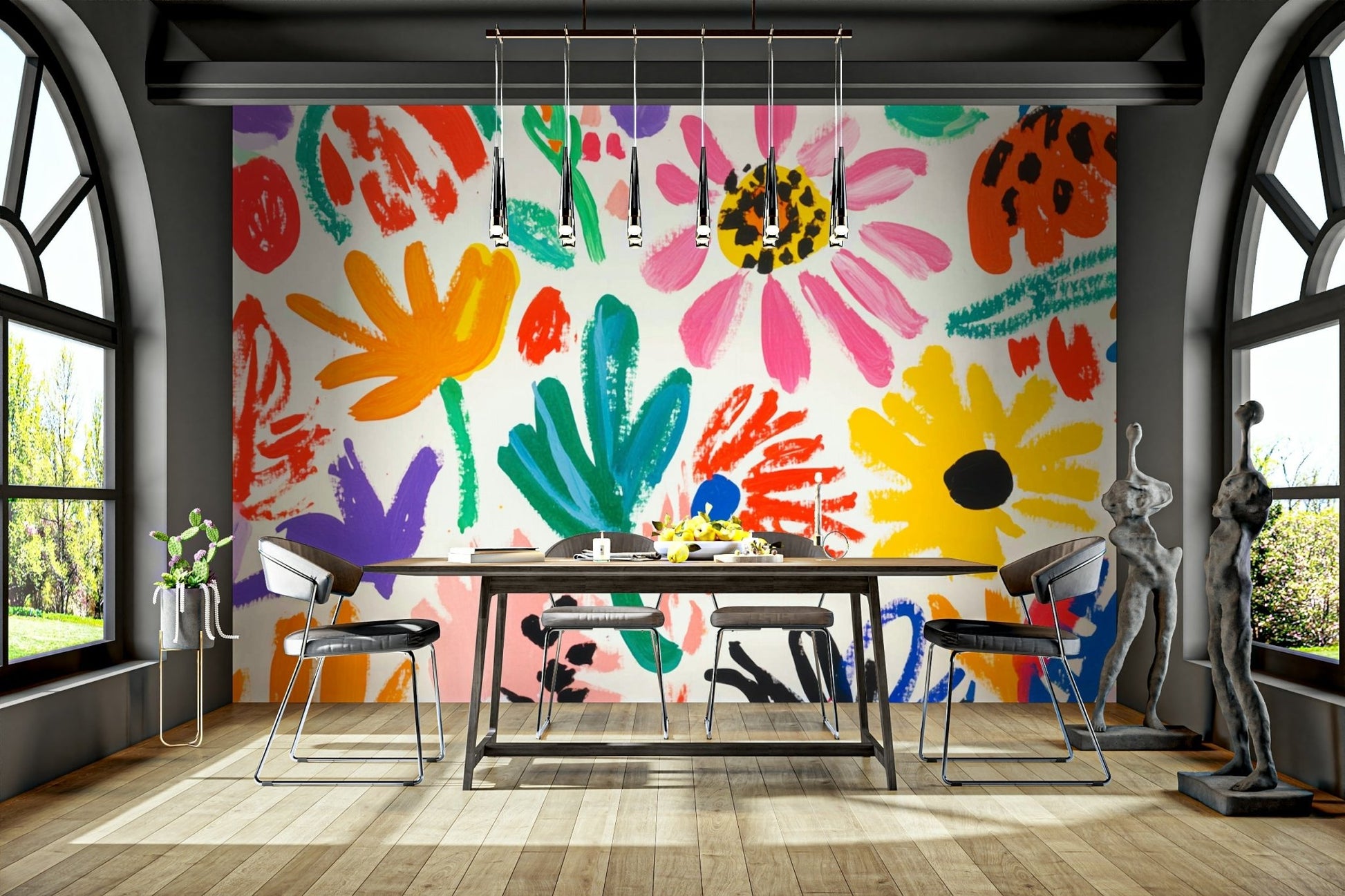 Playful flower cut-out mural in bright colors


