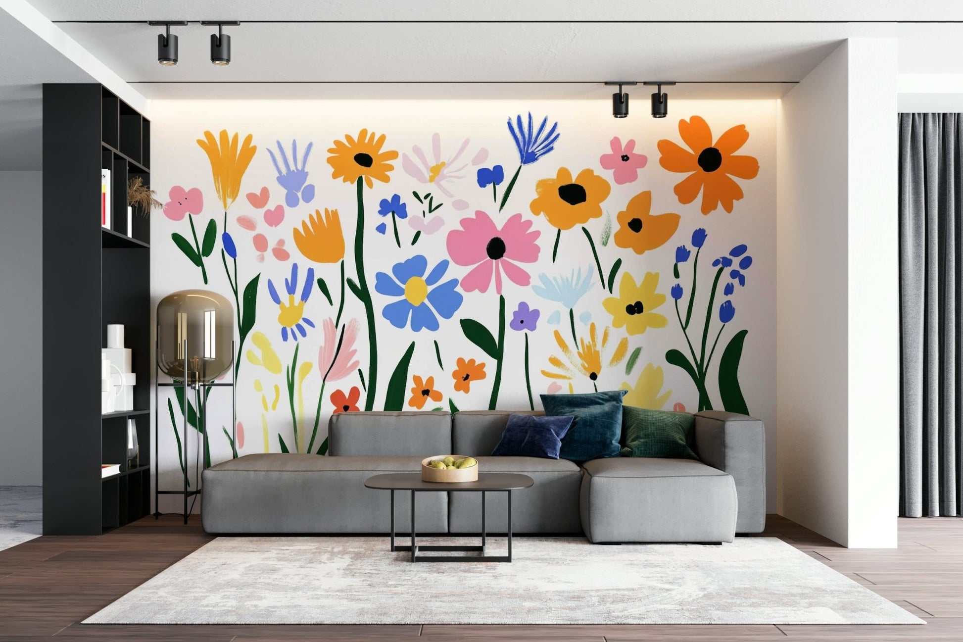 Colorful flower shapes in modernist mural design


