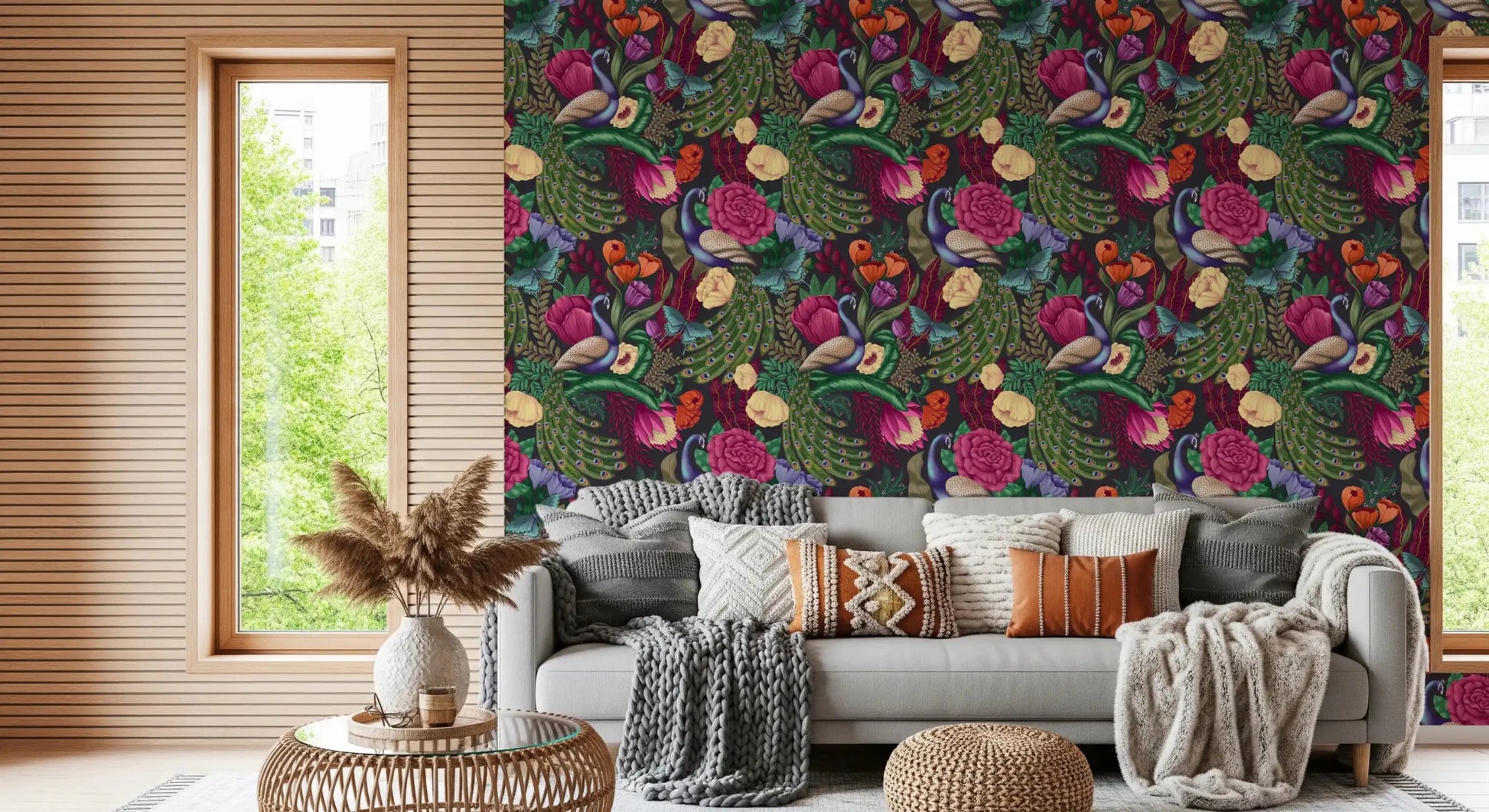 Maximalist peacock wallpaper for a hallway with dark botanical pattern