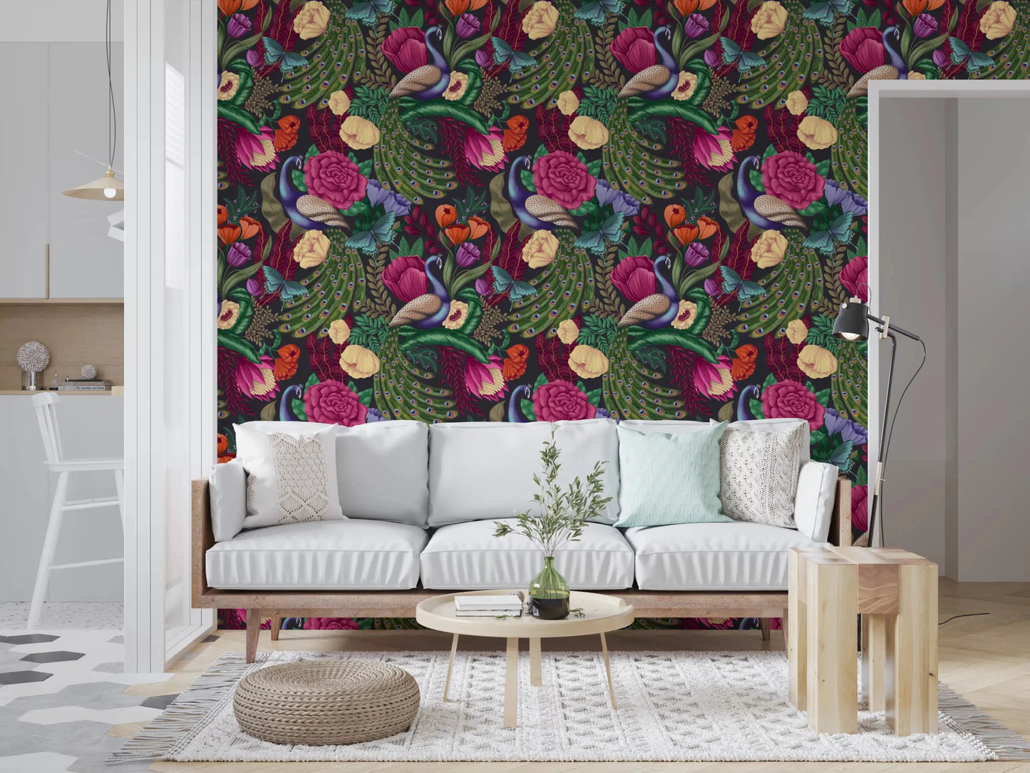 Charcoal floral wallpaper for a study room with peacock motifs