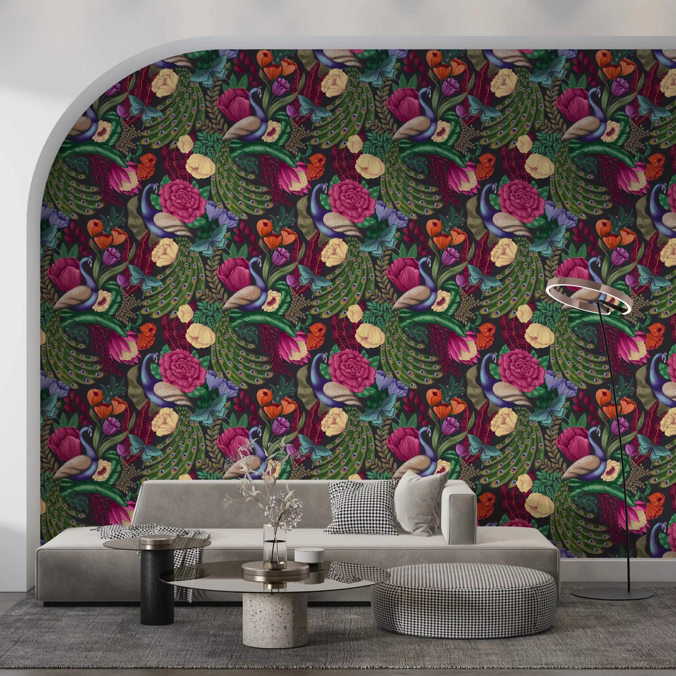 Maximalist Peacock Fantasy Garden -  Charcoal Black Wallpaper⁠
