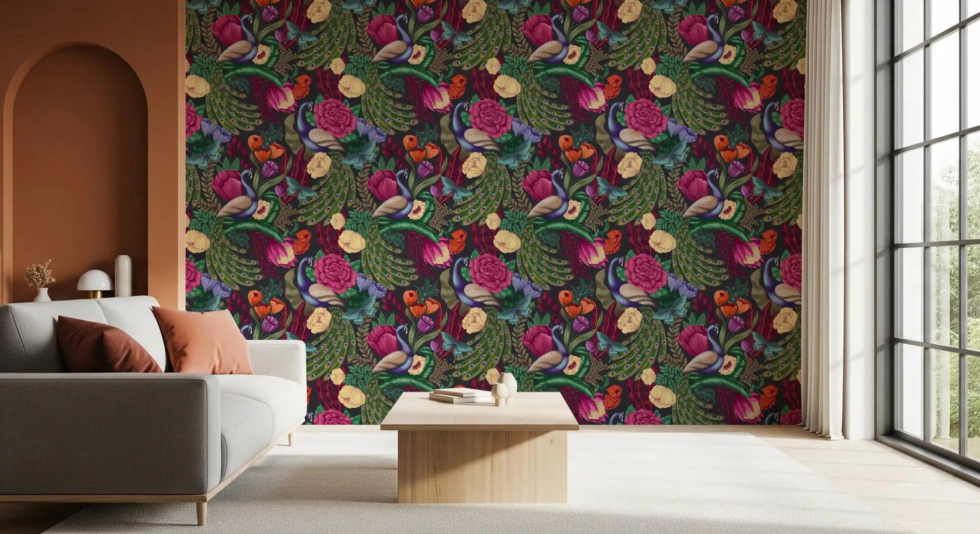 Decorative peacock wallpaper with rich florals on a dark base