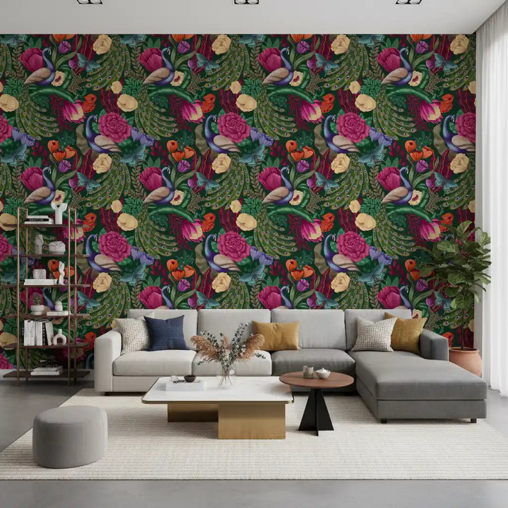 Dark green peacock wallpaper in a living room with floral detail