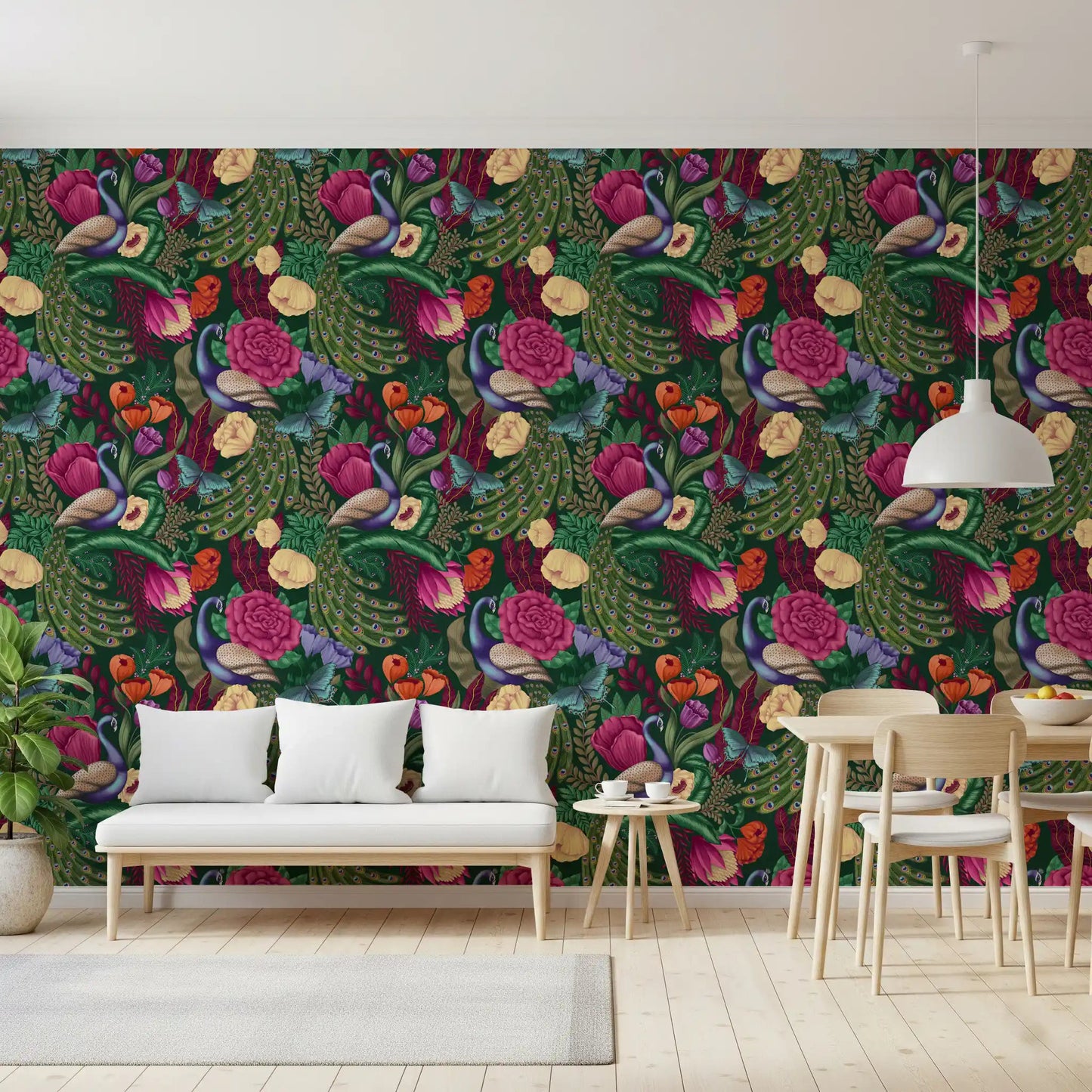Maximalist Peacock Fantasy Garden - Dark Green Wallpaper⁠