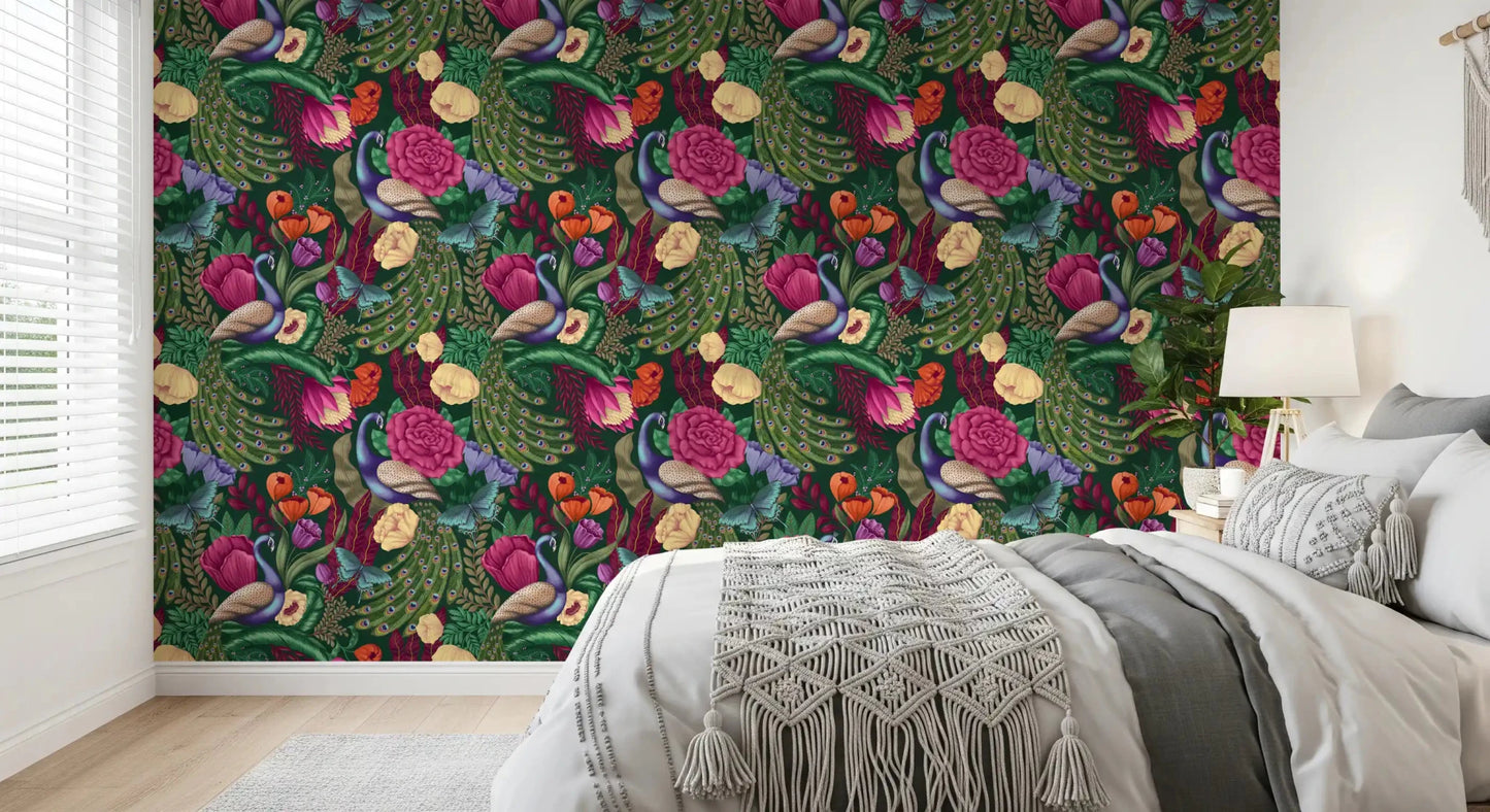 Maximalist Peacock Fantasy Garden - Dark Green Wallpaper⁠