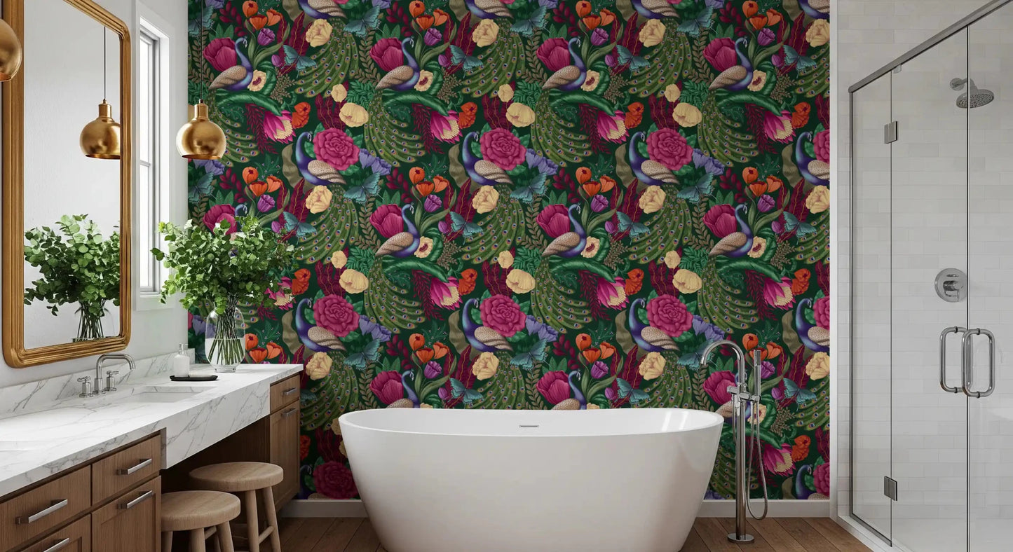 Maximalist Peacock Fantasy Garden - Dark Green Wallpaper⁠