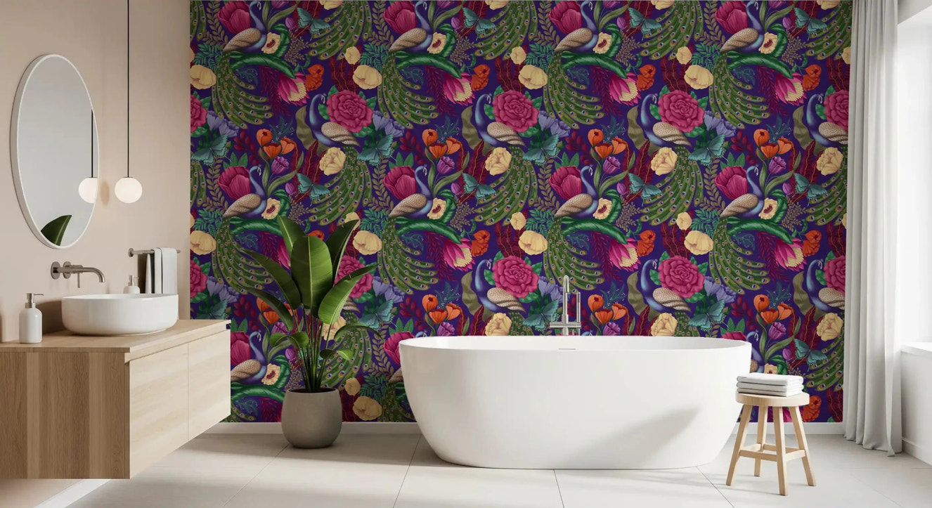 Fantasy garden wallpaper for a bathroom with colorful peacocks and floral pattern