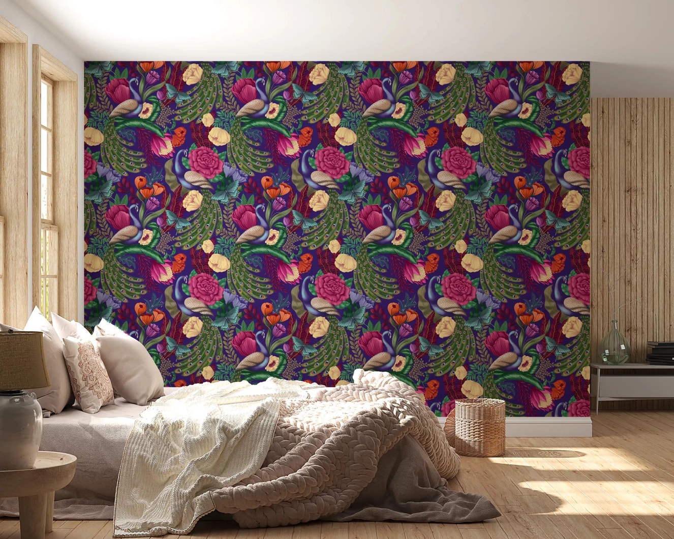 Maximalist Peacock Fantasy Garden - Dark Purple Wallpaper⁠
